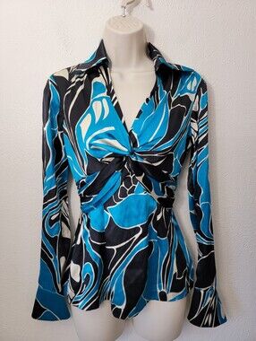 Cache Blue Black and White Twist-Front Long Sleeve Blouse
